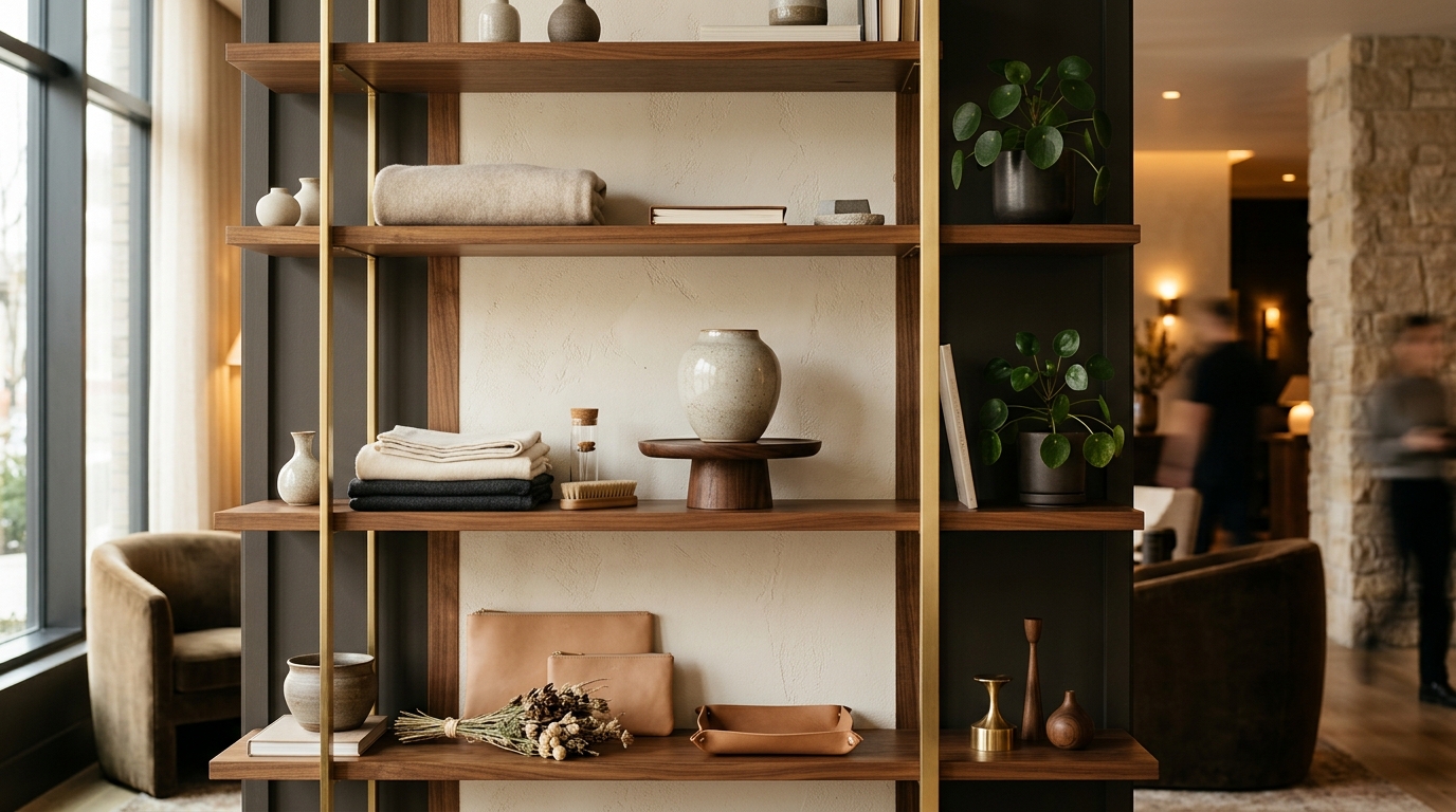 An emerging brand's goods styled on a curated hotel lobby retail shelf